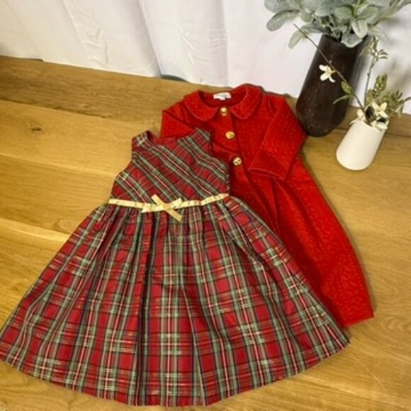 Classic Red Holiday Dress Coat & Plaid Christmas Dress Lots of Love Girls Size 6 - Picture 2 of 14